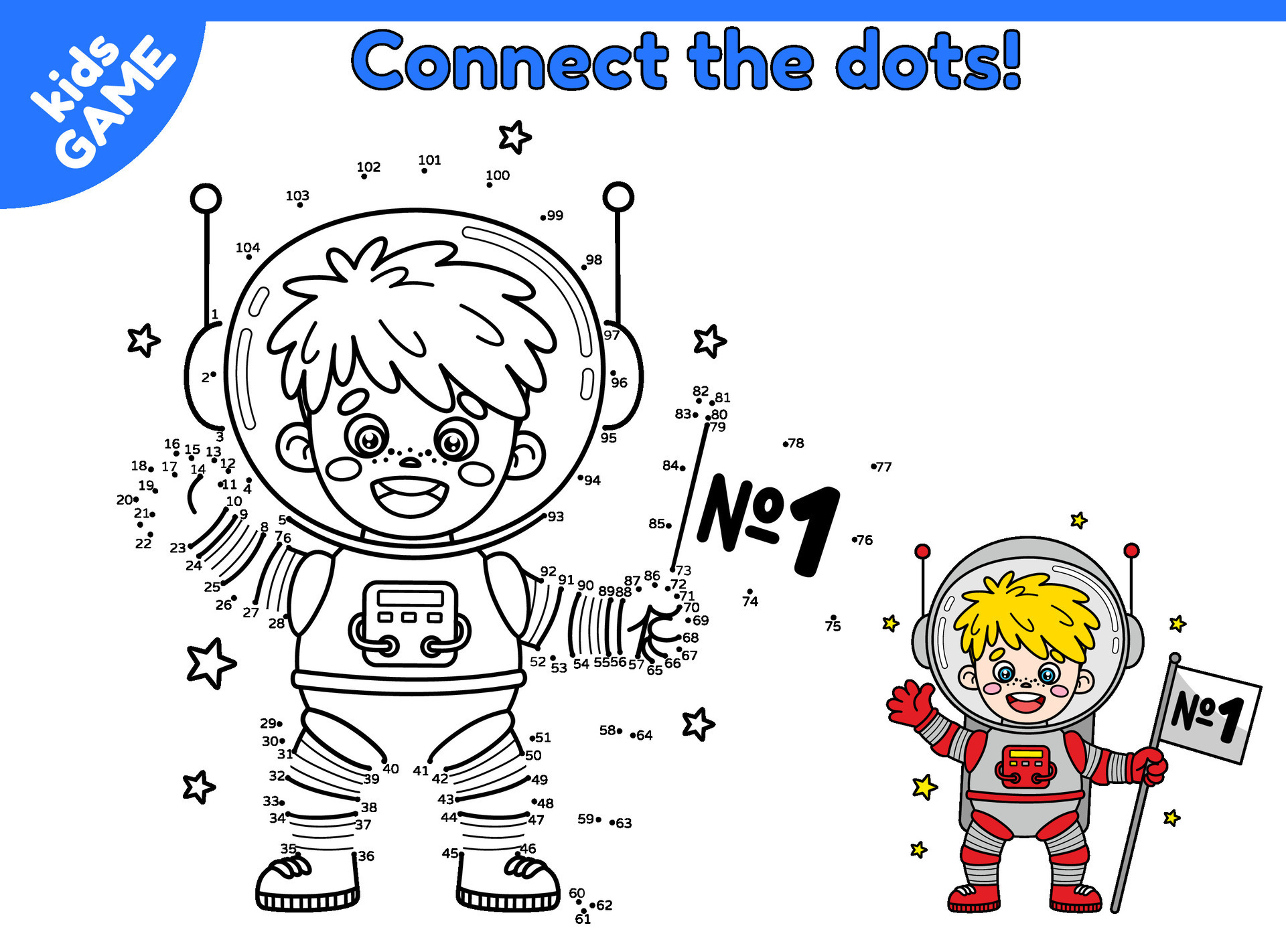 números jogo. ponto para ponto educacional jogos para crianças. conectar a  pontos e desenhar uma desenho animado astronauta Garoto dentro espaço.  página do atividade livro para pré escola e pré escola crianças.